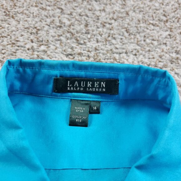LAUREN Ralph Lauren Shirt Womens Medium Blue Silk Button Up Long Sleeve Stains - Picture 2 of 11